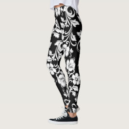 Moderne zwart-witte bloemen filigraan kunstwerk leggings