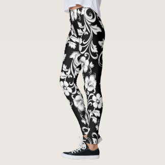 Moderne zwart-witte bloemen filigraan kunstwerk leggings
