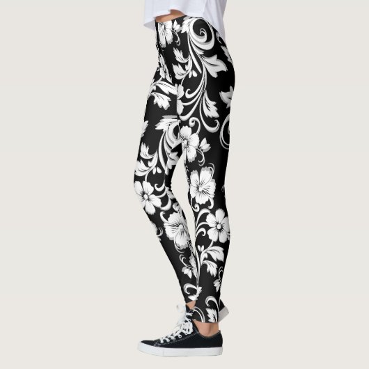 Moderne zwart-witte bloemen filigraan kunstwerk leggings (Links)