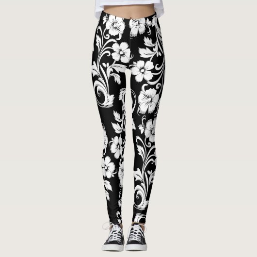 Moderne zwart-witte bloemen filigraan kunstwerk leggings (Voorkant)