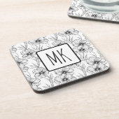 Moderne zwart-witte bloemen monogrammed bier onderzetter (Linkerzijde)