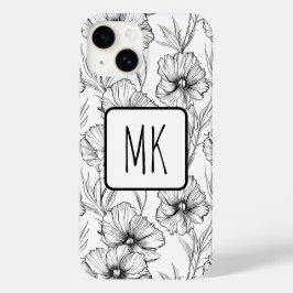 Moderne zwart-witte bloemen monogrammed Case-Mate iPhone 14 hoesje