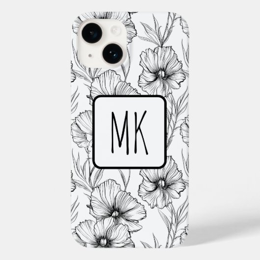 Moderne zwart-witte bloemen monogrammed Case-Mate iPhone case (Achterkant)