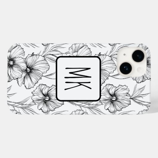 Moderne zwart-witte bloemen monogrammed Case-Mate iPhone case (Achterkant (horizontaal))