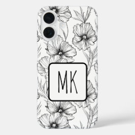 Moderne zwart-witte bloemen monogrammed iPhone 16 hoesje