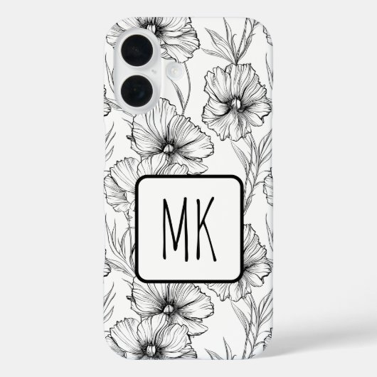 Moderne zwart-witte bloemen monogrammed Case-Mate iPhone case (Achterkant)