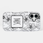 Moderne zwart-witte bloemen monogrammed iPhone 16 hoesje (Achterkant horizontaal)