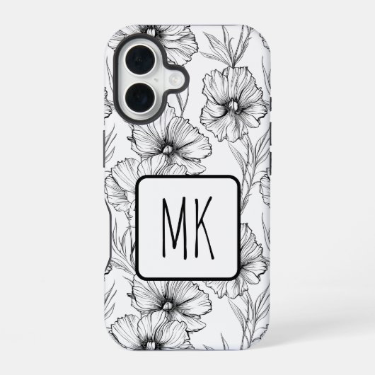 Moderne zwart-witte bloemen monogrammed iPhone 16 hoesje (Achterkant)