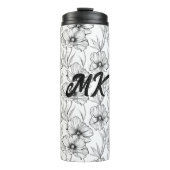 Moderne zwart-witte bloemen monogrammed thermosbeker (Voorkant)