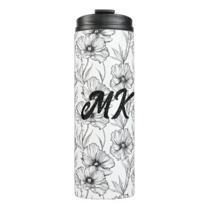 Moderne zwart-witte bloemen monogrammed thermosbeker