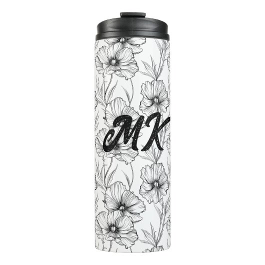 Moderne zwart-witte bloemen monogrammed thermosbeker (Voorkant)