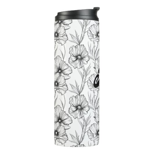 Moderne zwart-witte bloemen monogrammed thermosbeker (Gedraaid links)