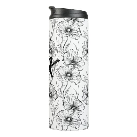 Moderne zwart-witte bloemen monogrammed thermosbeker (Geroteerd rechts)