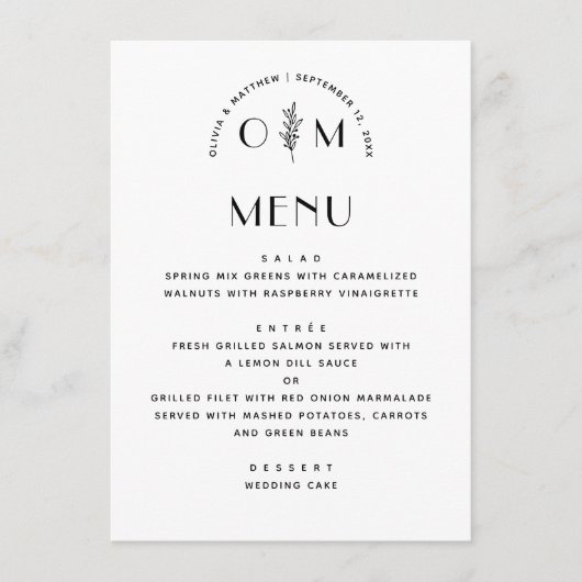 Moderne zwart-witte bloemenbruiloft | minimalistis menu (Voorkant)