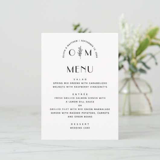 Moderne zwart-witte bloemenbruiloft | minimalistis menu (Staand voorkant)