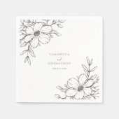 Moderne zwart witte bloemlijn tekening bruiloft servet (Voorkant)