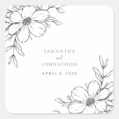 Moderne zwart witte bloemlijn tekening bruiloft vierkante sticker (Voorkant)
