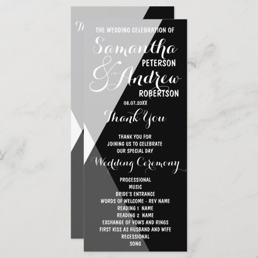 Moderne zwart witte driehoeken Trouwprogramma Programmakaart (Voorkant / Achterkant)