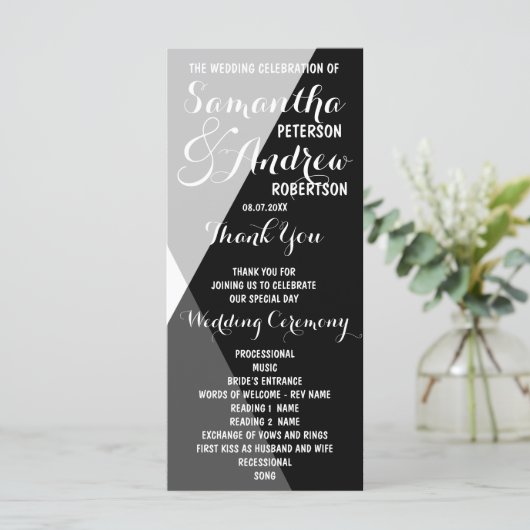 Moderne zwart witte driehoeken Trouwprogramma Programmakaart (Staand voorkant)