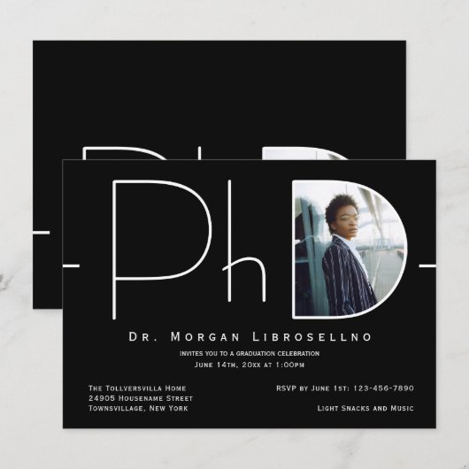 Moderne Zwart Witte Foto PhD Afstuderen Kaart (Voorkant / Achterkant)