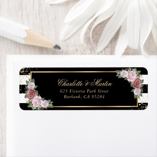 Moderne Zwart Witte Gouden Confetti Blush Roze Roo Etiket (Insitu)