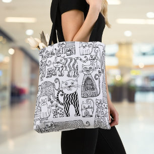 Moderne zwart-witte katten en kittens met patronen tote bag