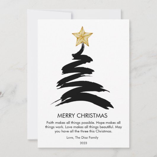 Moderne zwart-witte kerstboom plat feestdagenkaart (Voorkant)