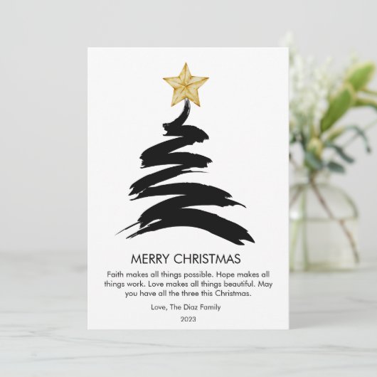 Moderne zwart-witte kerstboom plat feestdagenkaart (Staand voorkant)