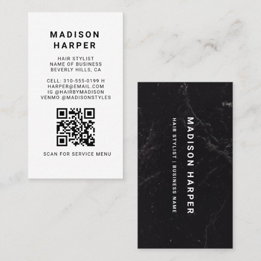 Moderne Zwart-Witte Marmeren QR-Code Zakelijk Visitekaartje (Voorkant / Achterkant)