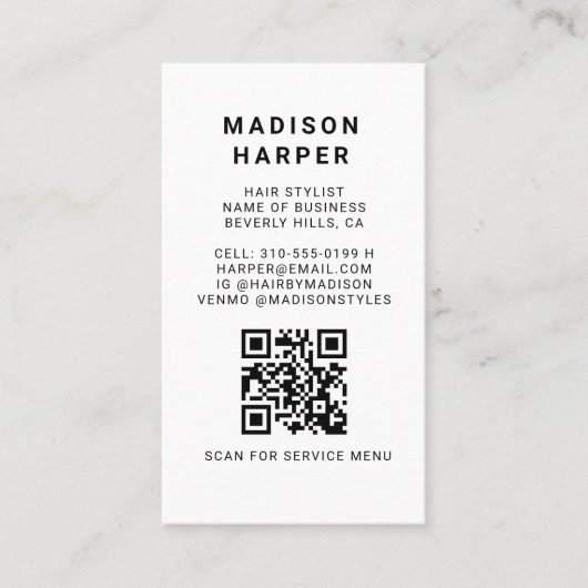 Moderne Zwart-Witte Marmeren QR-Code Zakelijk Visitekaartje (Voorkant)