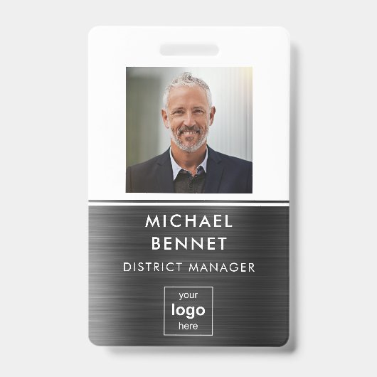 Moderne Zwart Witte Metal Personeelsfoto ID Badge (Voorzijde)