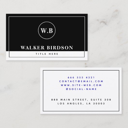 Moderne zwart-witte monogrammen contactkaartje (Voorkant / Achterkant)