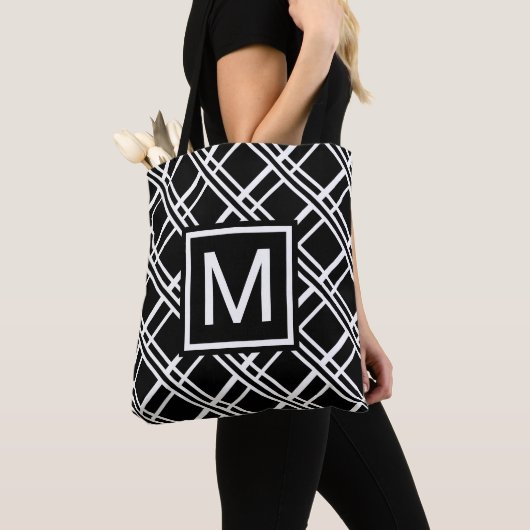 Moderne zwart-witte monogrammen tote bag (Dichtbij)