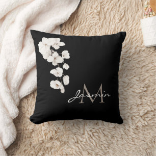 Moderne Zwart-Witte Orchidee Monogram Kussen