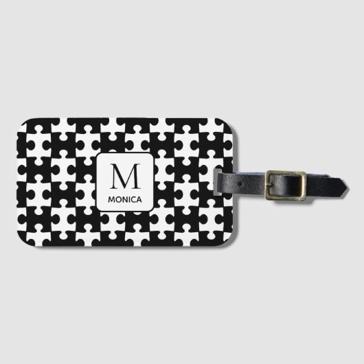 Moderne zwart-witte puzzelstukken Monogram Bagagelabel (Voorkant (horizontaal))
