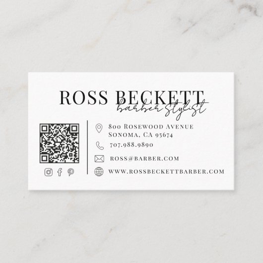 Moderne Zwart Witte QR Code Kapper Visitekaartje (Voorkant)