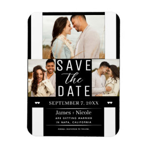Moderne Zwart Witte Save the Date 3 Foto Huwelijk Magneet