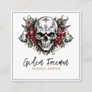 Moderne Zwart-witte schedel Rozen Tattoo Artist Vierkante Visitekaartje