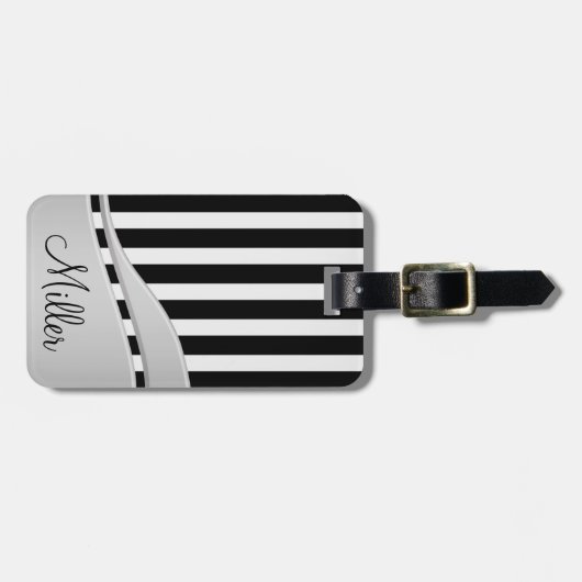 Moderne zwart-witte streep monogram bagagelabel (Voorkant horizontaal)