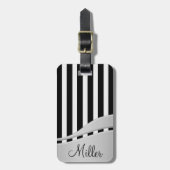 Moderne zwart-witte streep monogram bagagelabel (Voorkant verticaal)