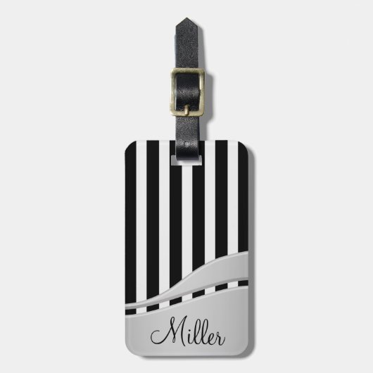 Moderne zwart-witte streep monogram bagagelabel (Voorkant verticaal)