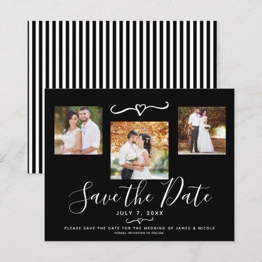Moderne Zwart & Witte Strepen Foto Save the Date (Voorkant / Achterkant)