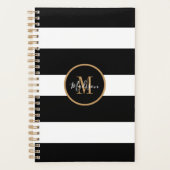 Moderne zwart-witte strepen gouden monogram planner (Voorkant)