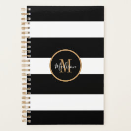 Moderne zwart-witte strepen gouden monogram planner