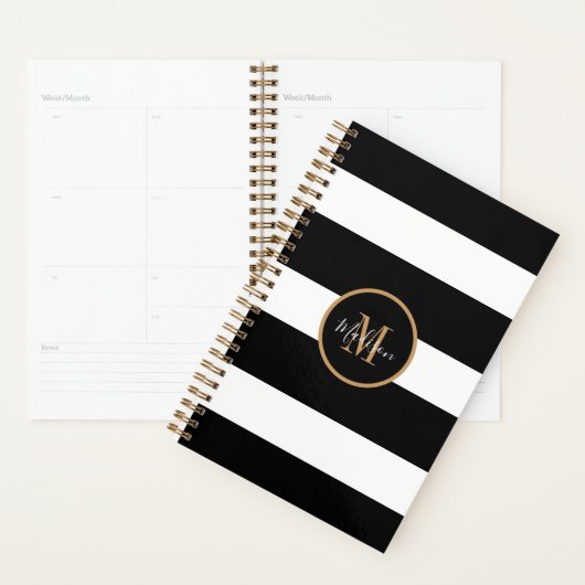 Moderne zwart-witte strepen gouden monogram planner (Display)