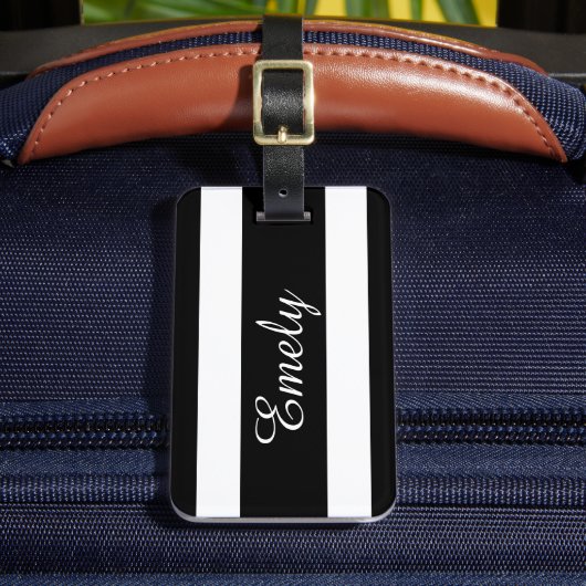 Moderne zwart-witte strepen Patroonnaam Bagagelabel (Voorkant Insitu 2)