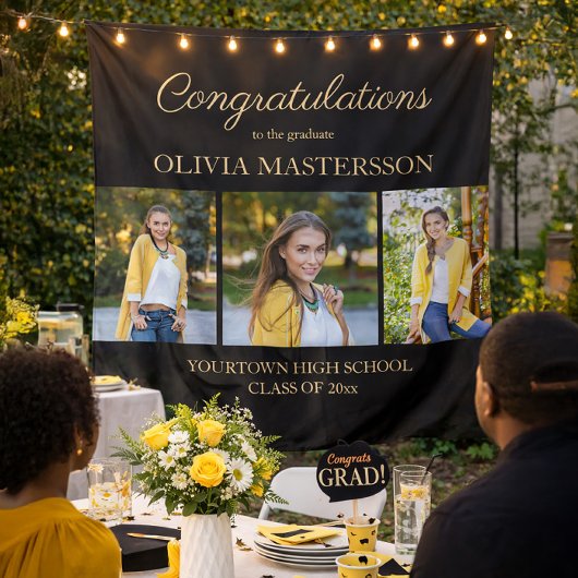 Moderne Zwarte 3 Foto Afstuderen Gefeliciteerd Wandkleed