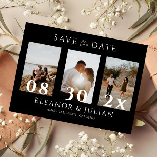 Moderne Zwarte 3 Foto Filmstrook Save the Date Magnetische Uitnodiging