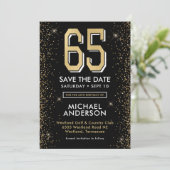Moderne zwarte 65e verjaardag save the date (Staand voorkant)