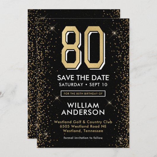 Moderne zwarte 80e verjaardag save the date (Voorkant / Achterkant)